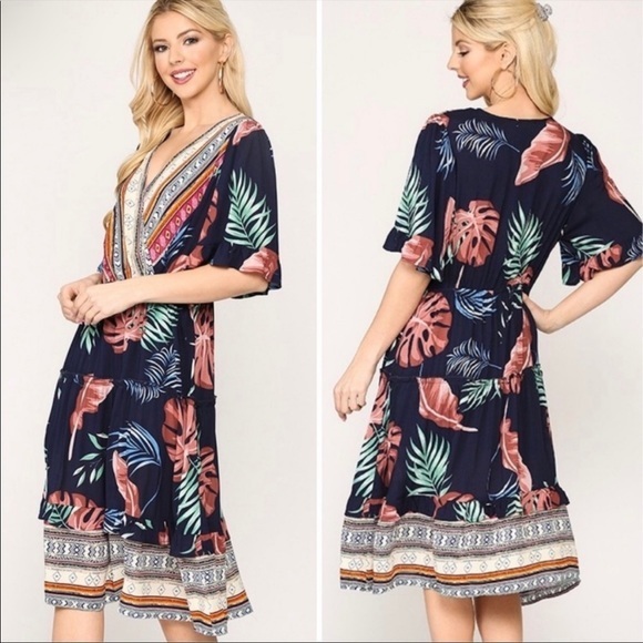 Flowy Boho Mixed Print Tiered Ruffled Dress - Picture 2 of 6